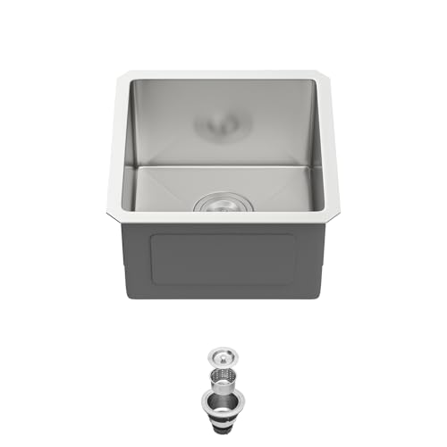 Zeayoun 15 Inch Undermount Bar Sink 15 x 15 Small Kitchen Sink T304 Stainless Steel Single Bowl Under Counter Handmade Sink for Outdoor RV Wet Bar 15x15x9