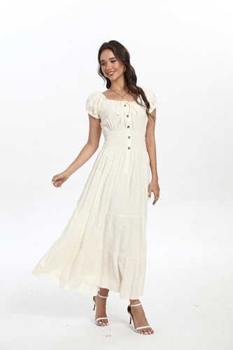 Image of Women's Boho Floral Maxi Dress, Short Sleeve Smocked Tiered Summer Casual Beach Dress