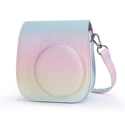 Fotocamera istantanea Custodia per Fujifilm Instax Mini 12 Mini 11 Protettiva Soft PU con cinturino a spalla e tasca Arcobaleno splendente pelle