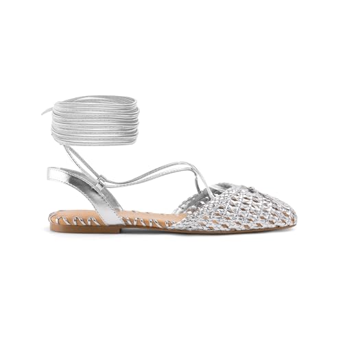 Image of Woven Ballet Flats for Women Lace Up Closed Square Toe Summer Sandals Dressy Shoes
