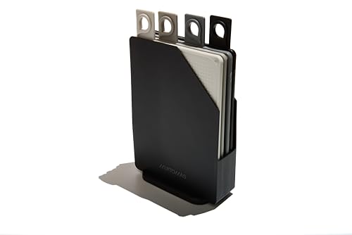 Planches à découper en plastique noir et leur récipient fin compact
