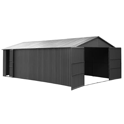 12x25FT Outdoor Metal Garage Shed, Extra Large Metal Carport with Lockable Double Hinged Doors, Heavy Duty Car Shelter for Car, Truck, Motorcycle and Lawn Equipment, Dark Grey
