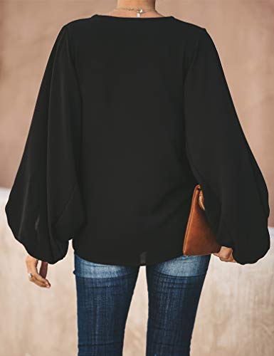 Womens Casual Holiday Ladies Fashion 2022 Summer Fall Loose Shirts Balloon Long Sleeve V-Neck Tunics Blouses Tops Black Medium #TOP1