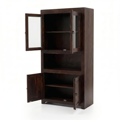 Image of SONA Art & Crafts Wood Crockery Cabinet with Glass Door | Wooden Book Shelf Cabinet with Storage Rack for Home & Office Living Room (Walnut Brown)