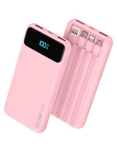 Portable Charger, 10000mAh 22.5W Fast Charging Power Bank with 4 Built-in Cables, Travel Essentials Battery Pack with LED Display, 6 Outputs Charging Bank Compatible with iPhone, iPad, Samsung Pink