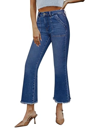 Flare Jeans for Women Stretch High Rise Denim Pants Raw Hem,Dk Blue,10