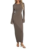 Sunloudy Women Crewneck Knit Maxi Dress Bell Long Sleeve Ruched Ribbed Bodycon Long Sweater Dress Streetwear(Gray Apricot,Small)