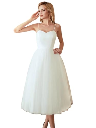 Image of Simple Tulle Short Wedding Dresses for Bride Elegant Spaghetti Straps Tea Length Bridal Shower Dress for Women