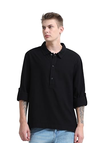 Image of StitchX Men's Half Placket Kurta Shirt with Roll Up Sleeves Pure Cotton