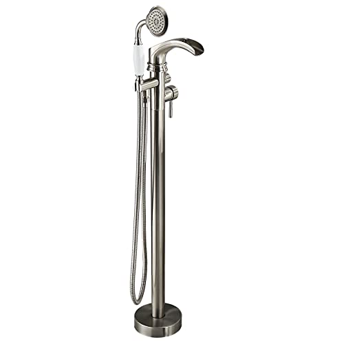 Votamuta Stainless Steel Waterfall Spout Bathroom Outdoor Tub Filler Shower Faucet Set Floor Mounted Bathtub Shower Mixer Tap Single Handle with Hand Sprayer Head,Brushed Nickel