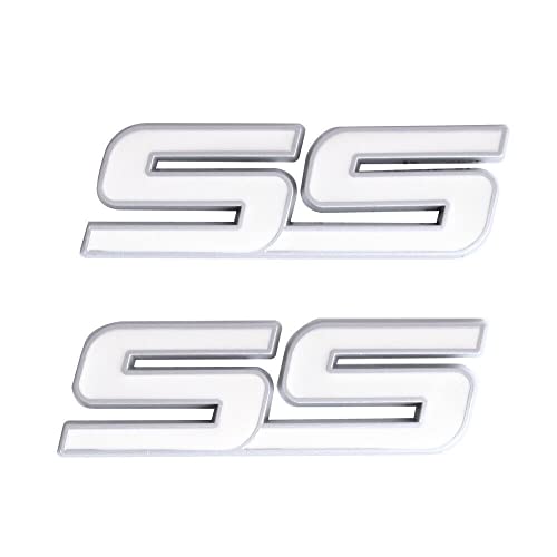 Image of 2Pc Trunk and Fender SS Emblem 10336980 3D Metal Badge Pearl Replacement for 2006 2007 2008 2009 2010 Impala Malibu HHR Cobalt SSR (White)