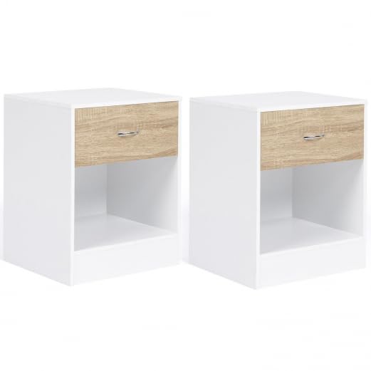 IDMarket Olga - Juego de 2 mesitas de noche (1 cajón con nicho de madera, color blanco y haya)
