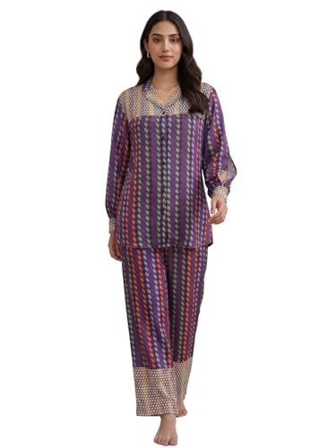 Image of GRECIILOOKS Co Ord Set for Women Stylish Printed Lounge Wear | Relaxed Fit French Crepe Coord Set for Women with Collared Shirt & Pants | Premium Travel Airport Vacation Western Outfit