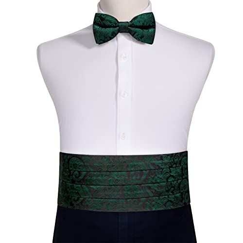 Image of Barry.Wang Men Silk Paisley Cummerbund and Pre-tied Bowtie Handkerchief Cufflink Set for Tuxedo