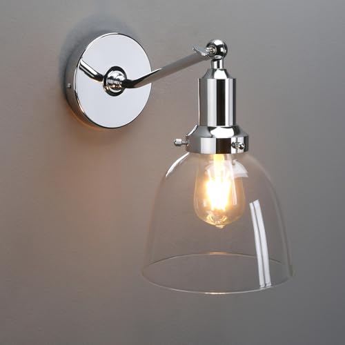 Image of PERMO Industrial Vintage Wall Sconce Chrome Wall Sconce with 6.7 inch Oval Dome Clear Glass Shade Light Lamp Fixture