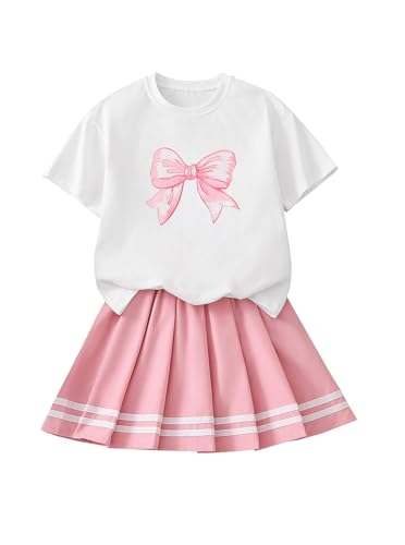 Ecolala Girls 2 Piece Summer Outfits Cute Graphic Short Sleeve Tops and Pleated Skirt Set Pink 13-14 Years