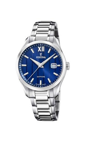 Festina SWISS MADE Orologio Uomo Analogico Acciaio 316L Argento - Quarzo Data - Vetro Zaffiro Resistente - Impermeabile 5 ATM - F20026/2 Classic Steel