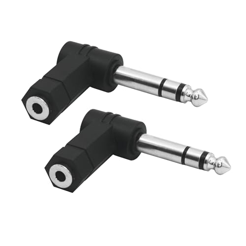 Riertostng Right Angle 1/4 to 1/8 Audio Adaptor, TRS Stereo 1/4inch 6.35mm Male to 1/8inch 3.5mm Female Audio Plug Jack Connector Converter (2Pcs)
