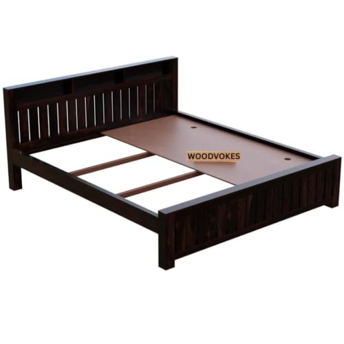 Image of Sheesham Wood Bed Without Storage Solid Wooden Cot Bed Elegant and Functional Bedroom Living Room Home (Plan Slate Design, Queen)