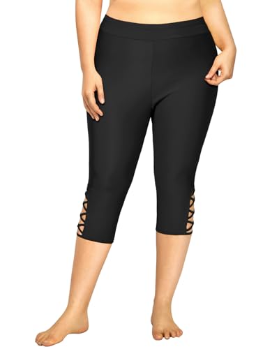 Holipick Black Plus Size Swim Pants for Women Criss Cross Swim Capris High Waisted Swim Leggings UPF 50+ Long Swim Shorts 26W2