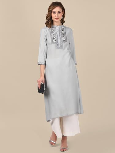Image of rangita Women's Rayon Relaxed Fit A Line Calf Length Embroide A-Line Kurti | Kurta