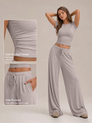 Image of Trendy Queen 2 Piece Matching Summer Lounge Set Womens Side Ruching Top Wide Leg Pants Sets with Pockets