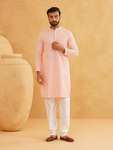 Image of Sojanya (Since 1958 Men'S Geometric Embroidered Thread Work Cotton Straight Long Kurta