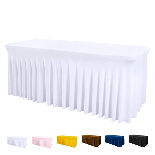 Jieqier White Spandex 6FT Stretch Table Cloth with Skirt for Rectangle Tables, Wrinkle Resistant, Stretchable - Baby Shower, Weddings, Parties