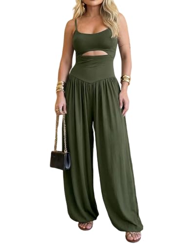 ChicMe Couture Jumpsuits for Women Sleeveless Cut-Out Waist U-Neck Backless Tie-Back Ruched High Waist Summer Romper-ag-L