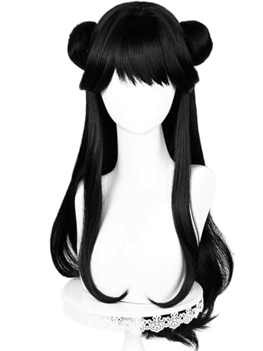 Image of Half and Half Long Black Game Fighter Anime Cosplay Wig with Bangs & Double Buns, Hanfu Costume Wigs 29.9'' Chinese Ancient Vintage Wigs for Women Halloween Party