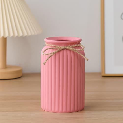 Image of Plastic Ribbed Decorative Vase with Jute Rope Top | Ceramic Look, Unbreakable Flower Pot for Centre Table, Balcony & Living Room Decor | Only Vase (No Flower) (Pink)