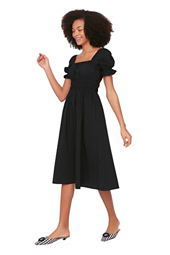Trendyol Damen Midi-Skaterkleid, Normale Passform, gewebtes Kleid, Schwarz, 42