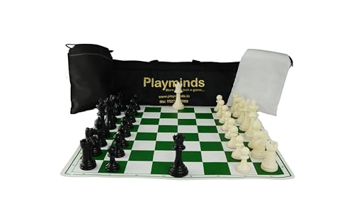 Image of 18'' X 18'' Professional Tournament Chess Set with Green Vinyl Foldable Chess Board Game with Solid Plastic Pieces with Extra Queens and Black Bag