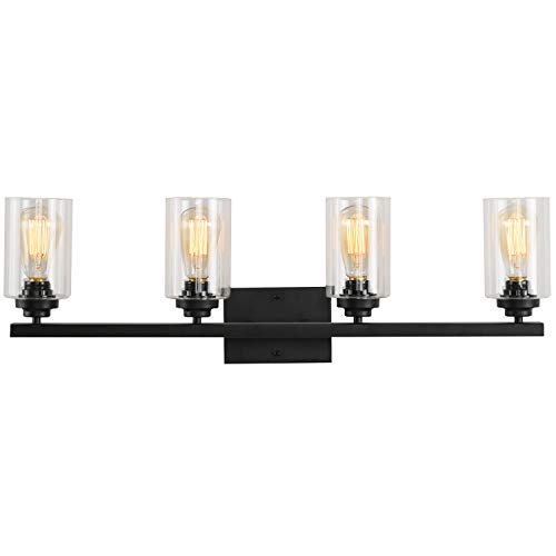 Bathroom Vanity Light Fixtures 4 Lights Wall Sconces Industrial Vintage Lighting Fixture Over Mirror Clear Glass Shade, Black, Farmhouse Living Room Bedroom Hallway