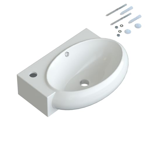 Waschbecken Keramik Waschtisch Hängewaschbecken klein Handwaschbecken Weiß Eckig-Oval 44 x 29 cm Badezimmer Gäste WC | Hahnloch Links | Überlauf | Stockschrauben | OHNE Wasserhahn | OHNE Ablaufventil