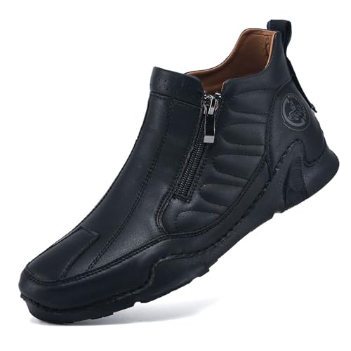Men's Leather Slip-On Walking Ankle Boots Outdoor Non Slip Double Zipper High Top Driving Work Boots