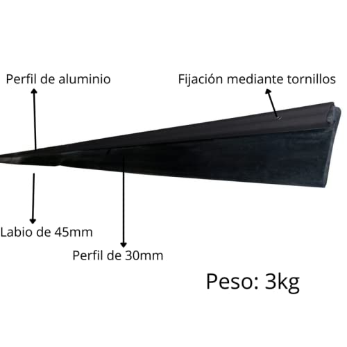 Burlete para Puerta de Garaje 305cm. Perfil de Aluminio Color Plata. Labio de Arrastre de 45mm de Caucho para Superficies Lisas. Muy Maleable. Resistente al Desgaste. Fijación Mediante Tornillos.