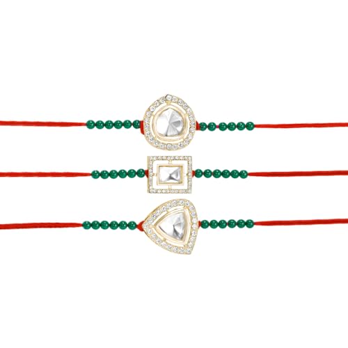 Image of Peora CZ Pearl & Crystals Studded Thread Rakhi for Brother Bhaiya | Combo Set of 3 | Raksha Bandhan Hamper with Roli Chawal & Greeting Card