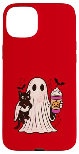 Pumpkin Spice Latte Ghost Holding Black Cat Halloween X}zP[X iPhone 15 Plus p