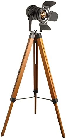 Industrial Floor Lamp for Living Room, Adjustable Height Tripod Floor Lamp for Rustic Decor, Wooden Nautical Retro Spotlight Farmhouse Vintage Standing Lamps for Bedrooms (with no Bulb)