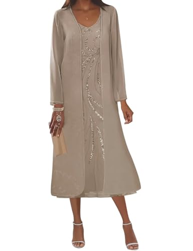Infuness Chiffon 2 Stück Brautmutterkleider für Damen Lang Ärmel Hochzeitsgäste Elegante...