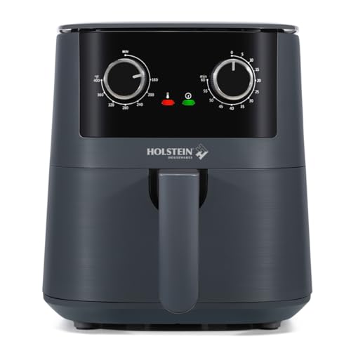 Holstein Housewares 4.4QT Air Fryer. Your All-in-One Culinary Solution. Air fry, roast, bake or grill. Adjustable temperature and time, Hot air technology and Dishwasher Safe, 1400W, Grey