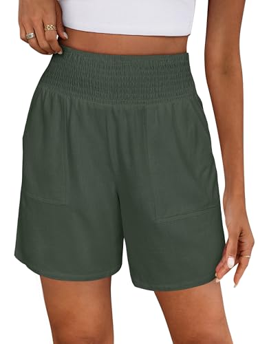 ANRABESS Linen Shorts for Women Casual Summer High Waisted Wide Leg Lounge Beach Vacation Shorts with Pockets 2026 Spring Army Green Large