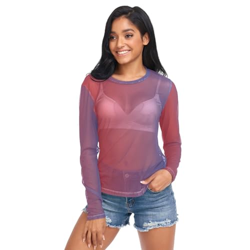 J JOYSAY Red Blue Gradient See Through Tops for Women Mesh Sheer