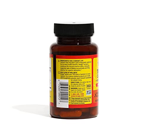 Bragg Turmeric Curcumin With Bioperine 1000Mg Supplement - 95% Standardized Curcuminoids For High Absorption - Joint Support – Vegan – Non-Gmo - Capsules With Black Pepper (60 Pills) #TOP3