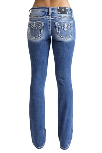 Miss Me Women's Saddle Stitch Faux Flap Pockets Low-Rise Bootcut Jeans
