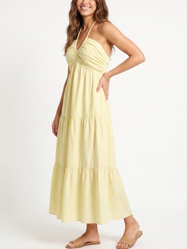 Image of Women's Casual Halter Tiered Vacation Maxi Dress with Pockets