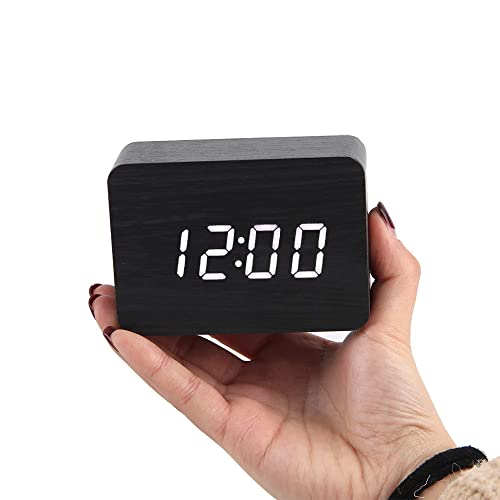 Jinboom Wooden Digital Alarm Clock Electronic Led Time Display,4 Level Adjustable Brightness And Voice Control, Display Time Temperature Date For Bedroom Office Kids And Families,Black #TOP7