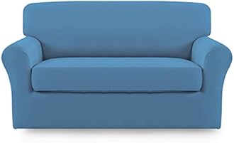 Easy-Going 2 Pieces Microfiber Stretch Sofa Slipcover – Spandex Soft Fitted Sofa Couch Cover, Washable Furniture Protector with Elastic Bottom Kids, Pet (Loveseat, Light Blue)