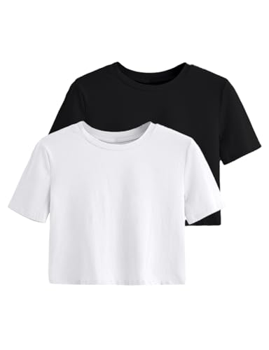 2PC Women's Basic Crop Top Drop Shoulder T Shirt Half Sleeve Cropped Tee Crewneck Short Sleeve Casual Summer Top2